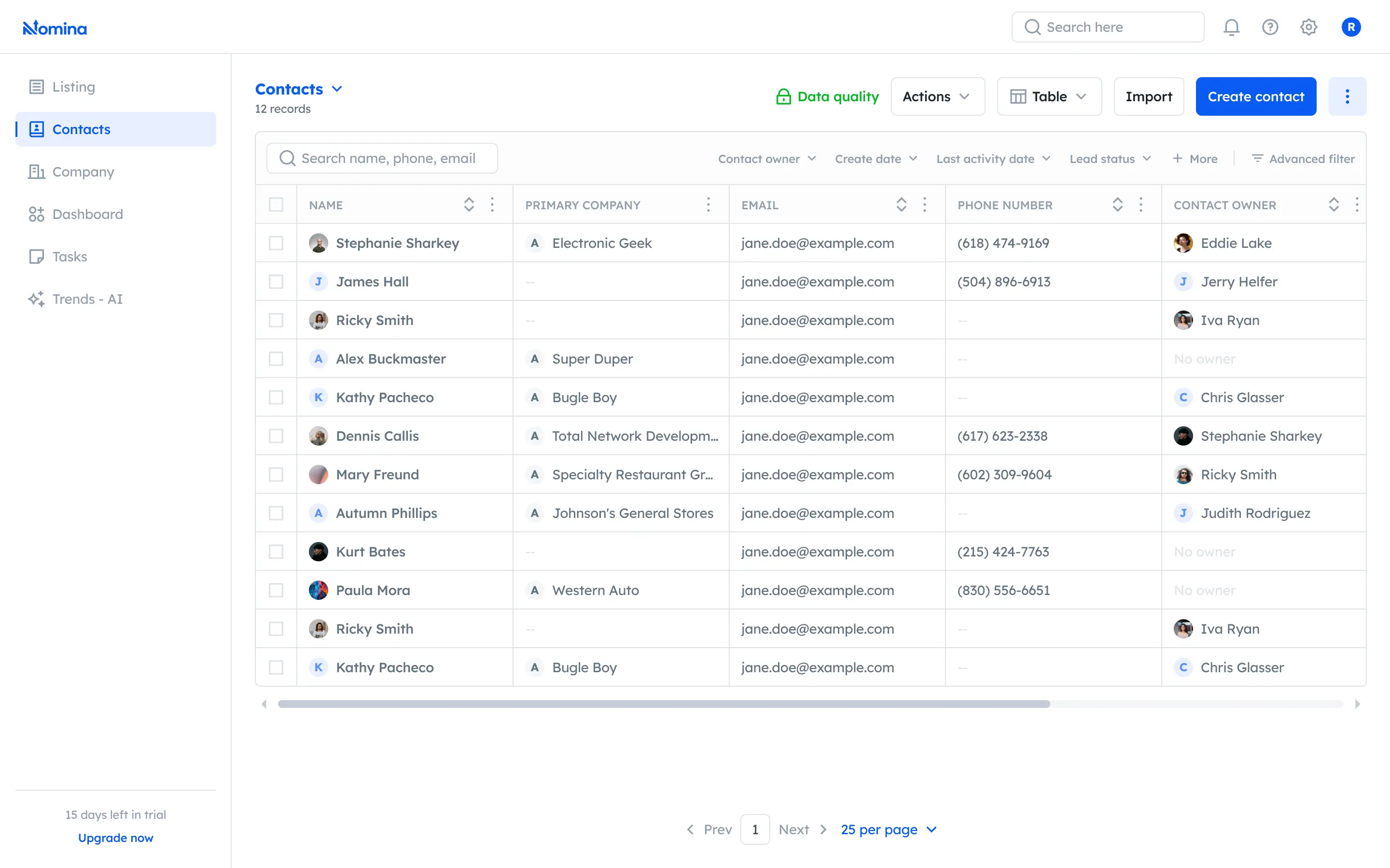 The Nomina CRM contacts screen, listing contacts with their company, email, phone number and record owner